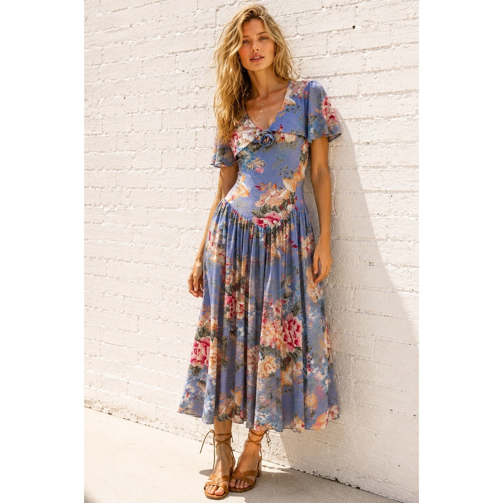 Vintage Passports Blue Rayon Floral Drop Waist Cape Collar Dress Small